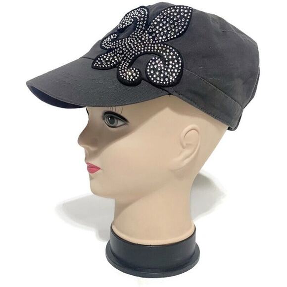 D and Y Accessories Women's Hat Fleur De Lis Rhinestone Elastafit Black Stretch - Picture 2 of 8